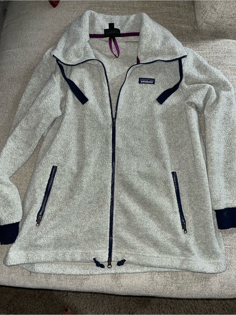 Patagonia Cream Fleece Jacket with Navy Trim and Zippers